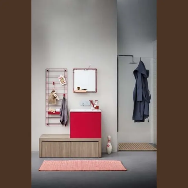Mobile Bagno da appoggio in melaminico e laccato rosso con top in mineral marmo Acqua e Sapone 04 di Birex