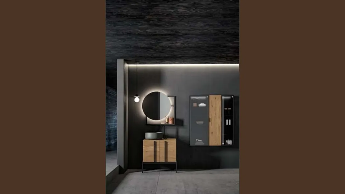 Mobile da Bagno a terra Sidéro 05 in essenza rovere naturale e metallo nero di Birex