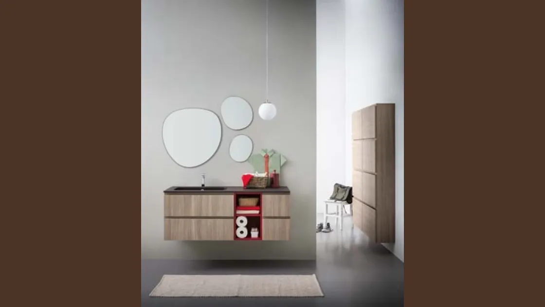 Mobile da Bagno sospeso in melaminico con vano a giorno in laccato rosso e top in mineral marmo Lapis 04 di Birex