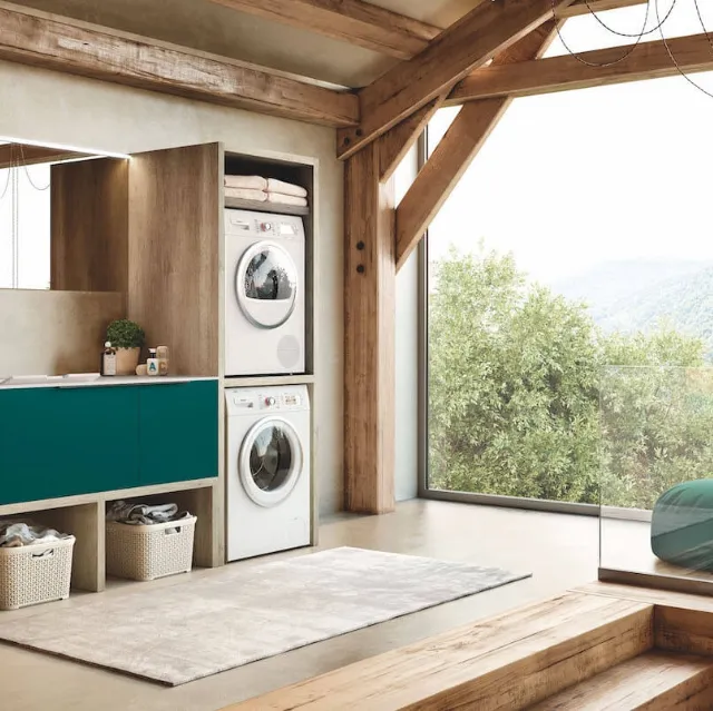 Mobile da Bagno per lavanderia in laccato Verde Blu opaco e HPL Rovere Laundry 08 di Puntotre