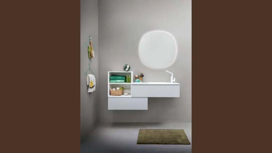 Mobile da bagno sospeso in laccato bianco opaco e top in Corian Memento 04 di Birex