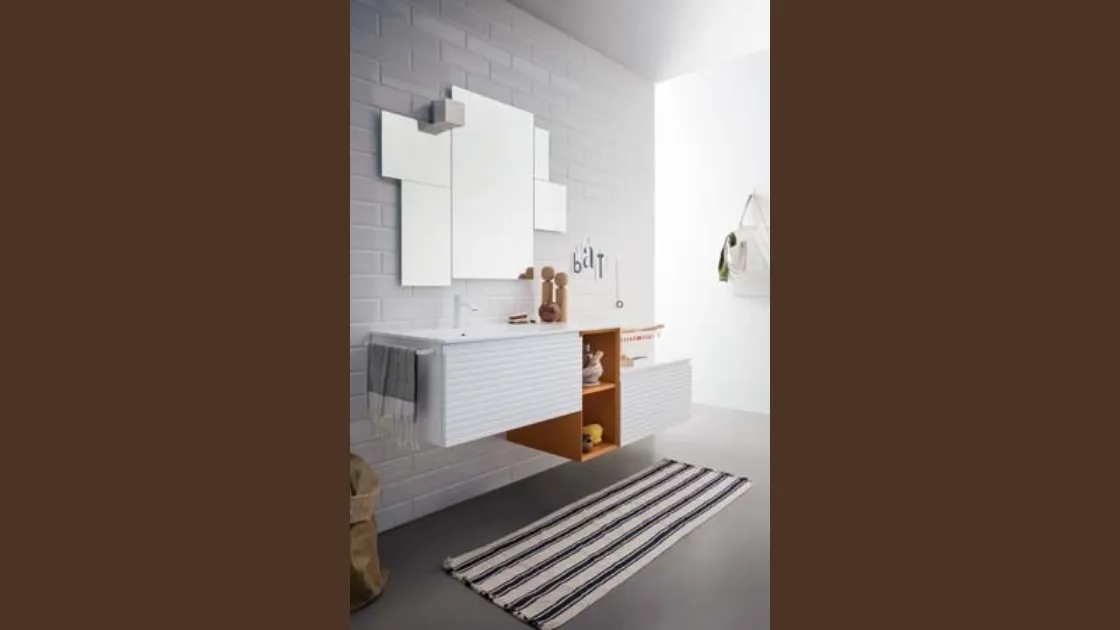 Mobile da Bagno sospeso in laccato bianco e bruciato con top in mineral marmo bianco lucido Memento 07 di Birex