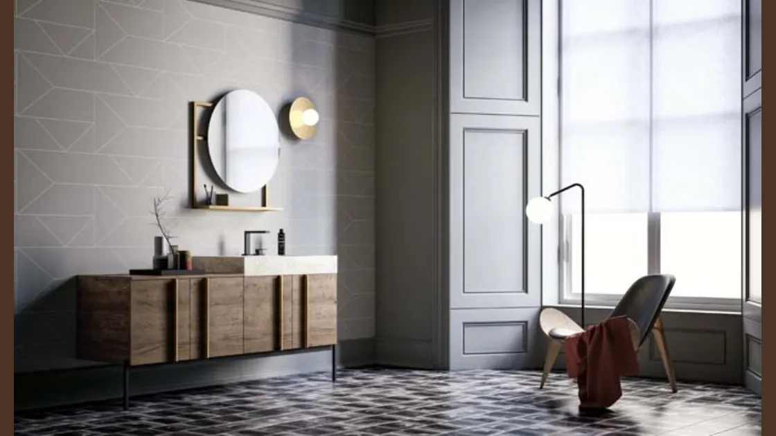 Mobile da Bagno a terra in rovere con top in gres effetto marmo Sidero 01 di Birex