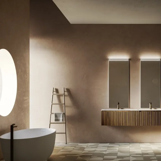 Mobile da Bagno sospeso con base curva in polimerico finitura effetto legno con doppio lavabo Vertigo Evolution 14 di Puntotre