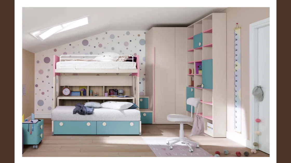 Cameretta in melaminico e laccato azzurro e rosa Alpha Letto a Castello B030 di Doimo Cityline