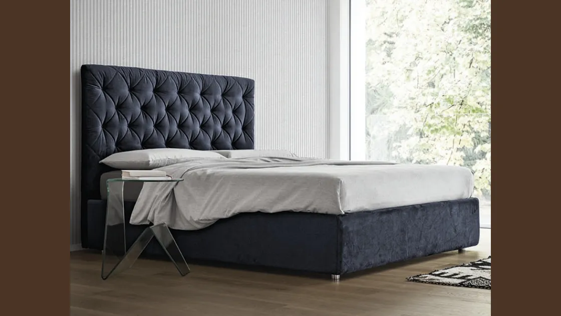 Letto in tessuto con testiera trapuntata e box contenitore Morfeo di Rigosalotti