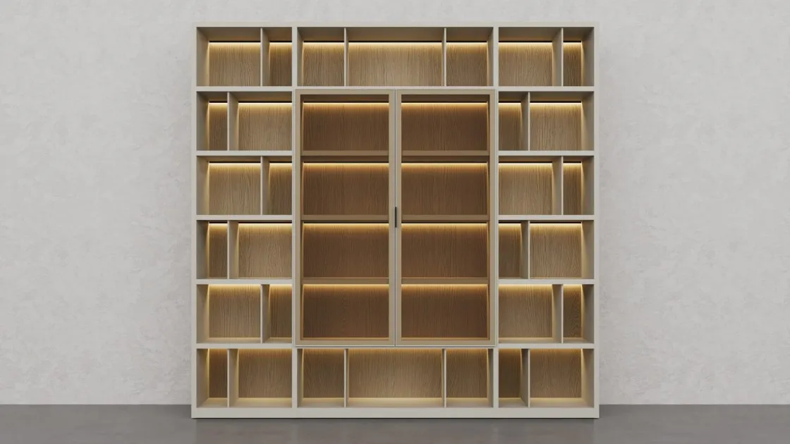 Libreria in laccato Creta e essenza legno Barrique di Fratelli Elli