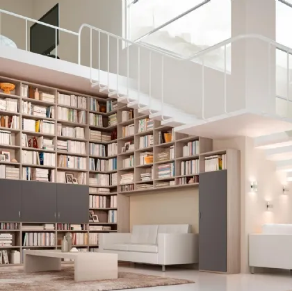 Libreria living 71D in legno di olmo e ante in laccato opaco su misura di Ferrimobili