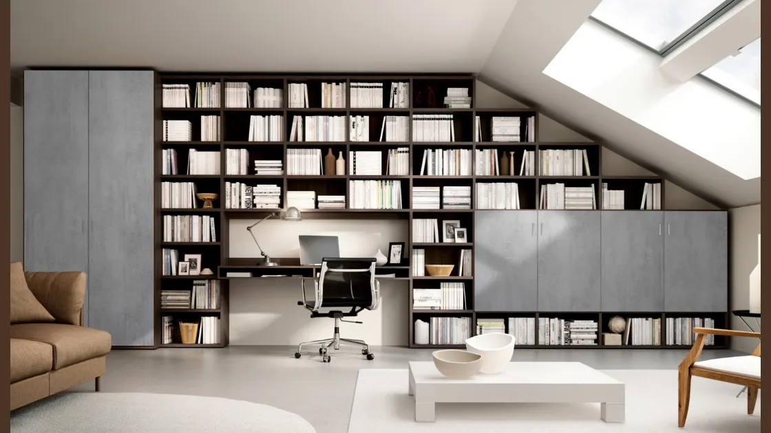 Libreria Living 72D in legno composta da vani a giorno e ante in materico finitura cemento di Ferrimobili
