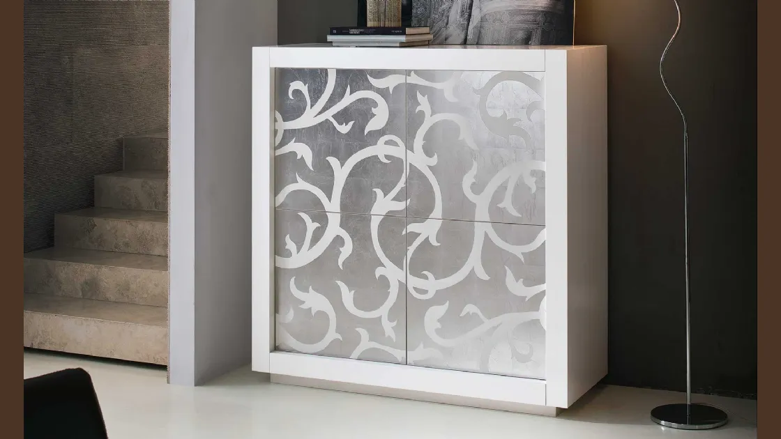 Madia Picasso P2 in Rovere tinto bianco con anta a intarsio in Foglia Argento di Riflessi