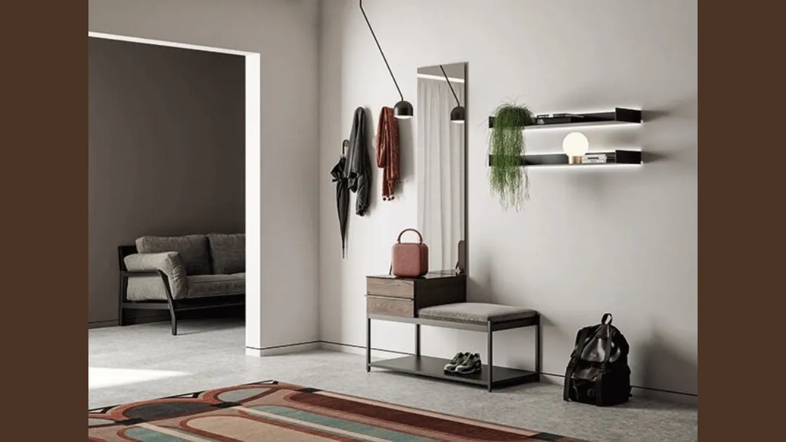 Mobile ingresso con specchiera in rovere e metallo con piano in gres effetto marmo Domì 02 di Birex