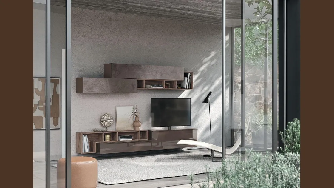 Parete Attrezzata Composizione Horizon 904 in legno, laccato lucido e materico di Mobilgam