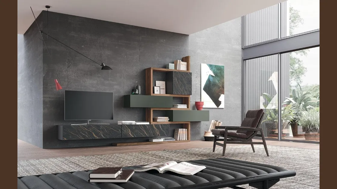 Parete Attrezzata Composizione Horizon 931 in laccato opaco, legno e laminato di Mobilgam