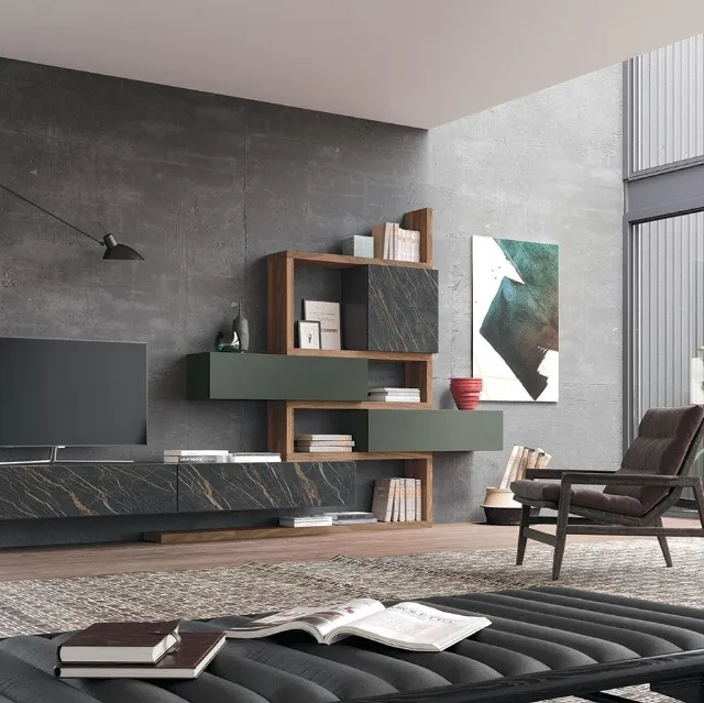 Parete Attrezzata Composizione Horizon 931 in laccato opaco, legno e laminato di Mobilgam