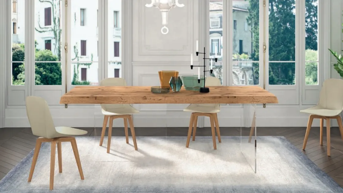 Tavolo in legno antico con base trasparente Raise Panaer di Domus Arte