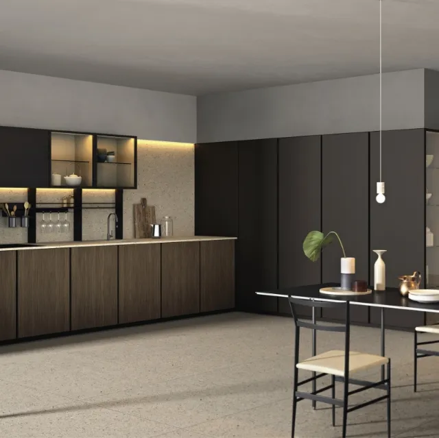 Cucina Design lineare in legno e laccato antracite con top in marmo Altea 05 di Maistri