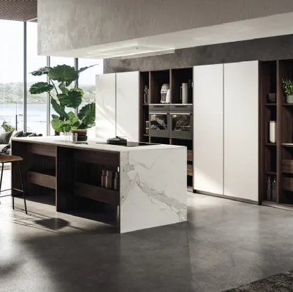 Cucina Design con isola in laccato opaco e legno con top in marmo Ktable 01 di Maistri