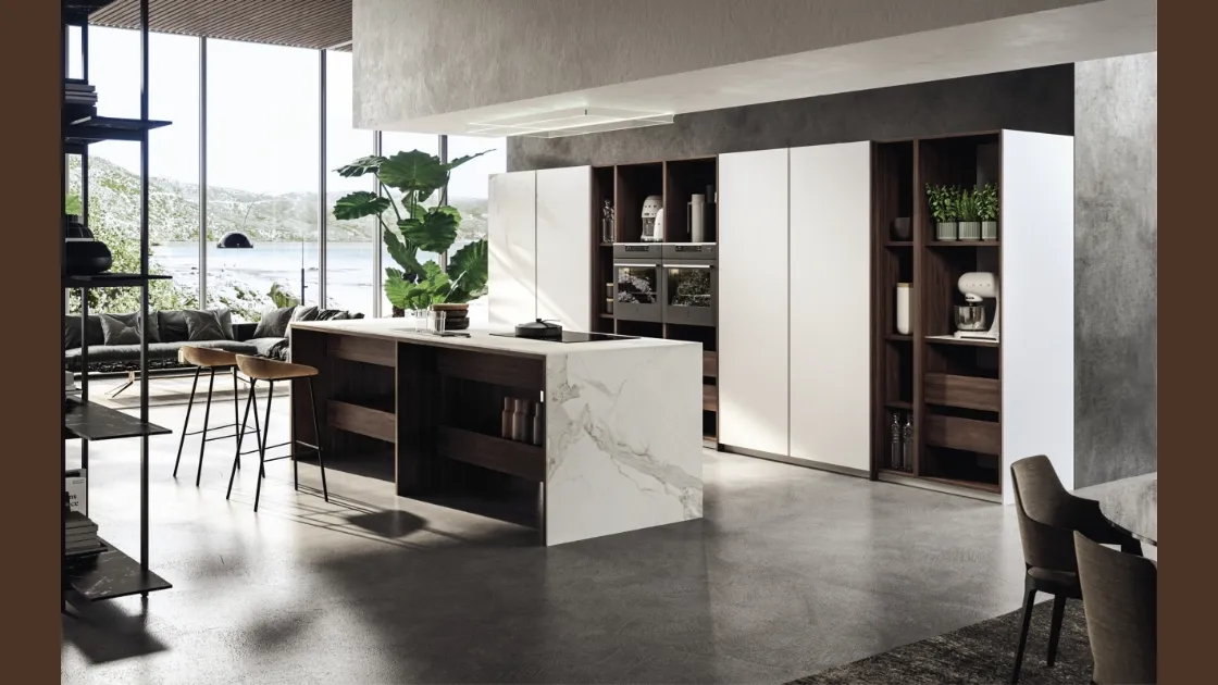 Cucina Design con isola in laccato opaco e legno con top in marmo Ktable 01 di Maistri