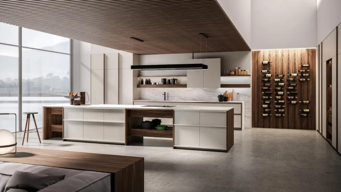Cucina Design con isola in laccato opaco e legno con top in marmo Ktable 02 di Maistri
