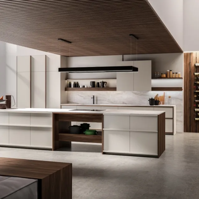 Cucina Design con isola in laccato opaco e legno con top in marmo Ktable 02 di Maistri