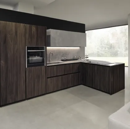 Cucina Design angolare in legno con pensili e top in laccato effetto cemento Arka 01 di Maistri