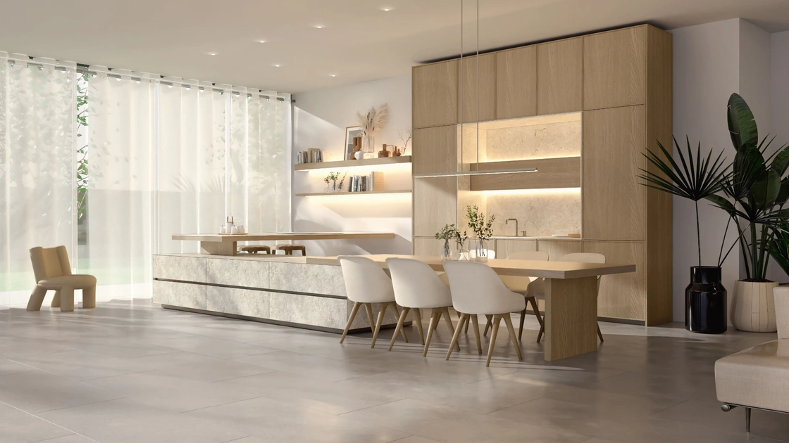 Cucina Design con penisola Marea + Giza + Rim in legno e ceramica di Maistri