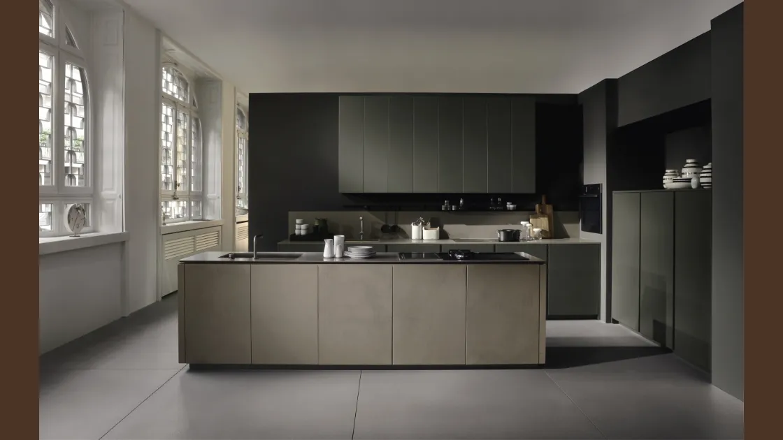 Cucina Design lineare in laccato verde opaco e finitura cemento Viva 03 di Maistri