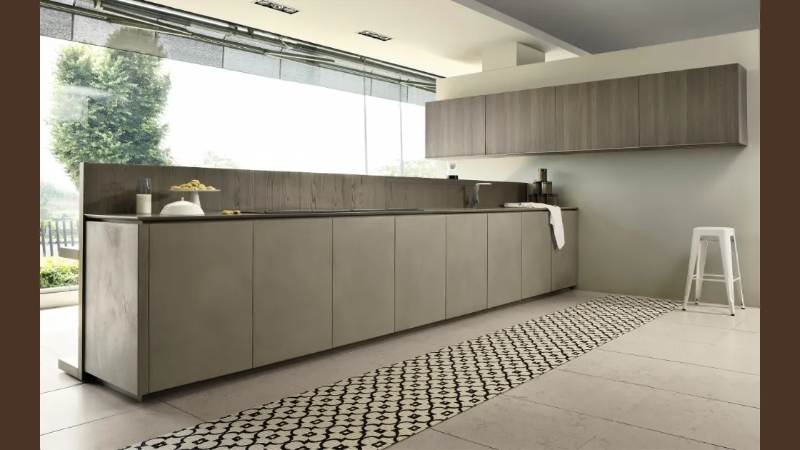Cucina Design lineare in laccato effetto cemento e legno Viva 11 di Maistri