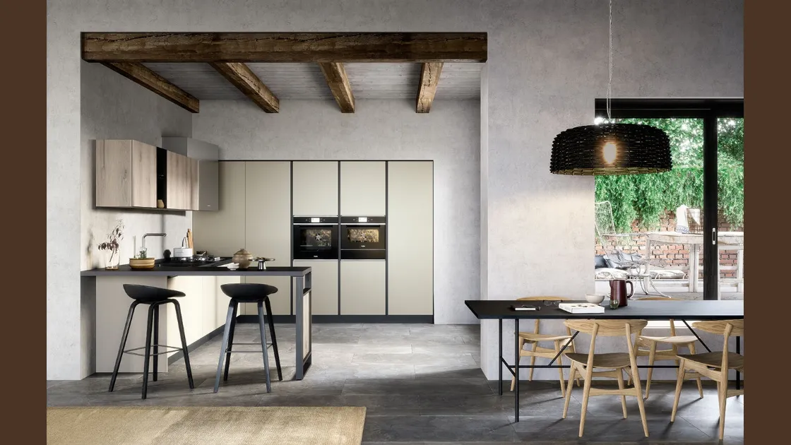Cucina Moderna con penisola Colibrì Gola Blues finitura nobilitato corda e rovere polvere di Forma la cucina