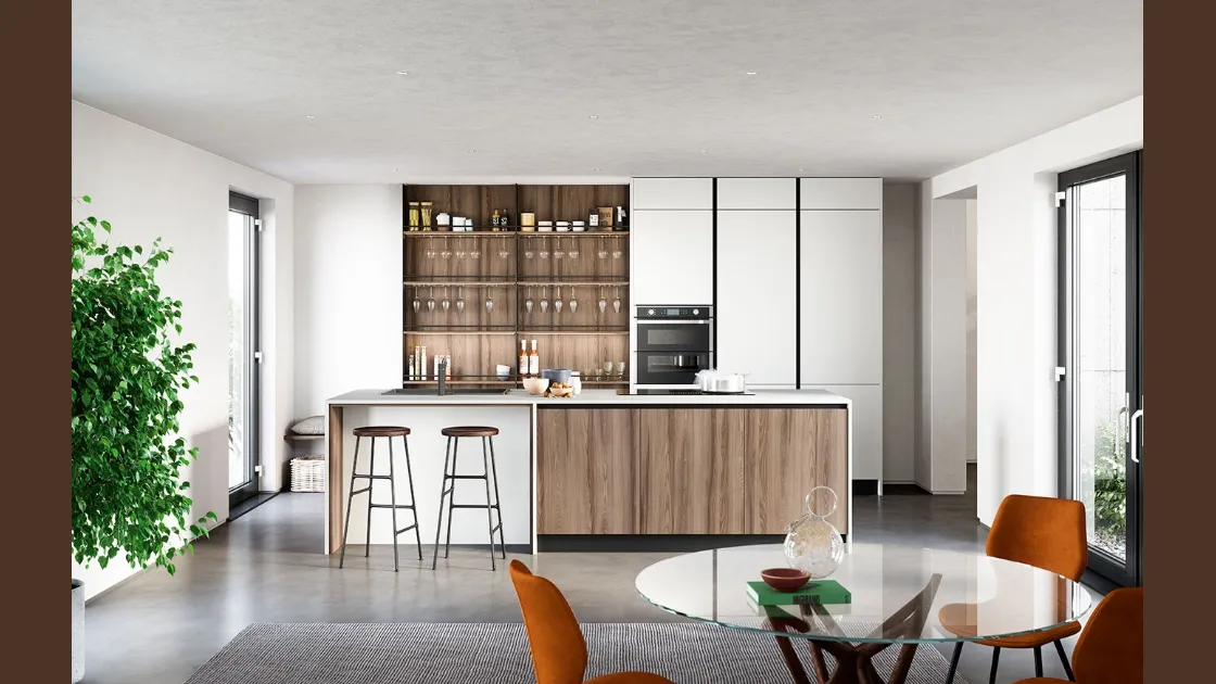 Cucina Moderna lineare Colibrì Gola Blues in finitura noce nordico e bianco giappone di Forma la cucina