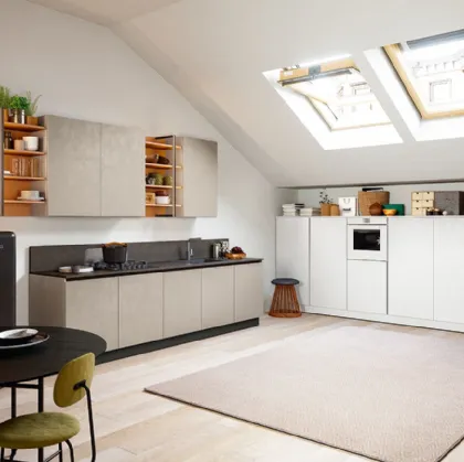 Cucina Moderna lineare Colibrì Gola Blues in finitura cemento brown e cemento white di Forma la cucina
