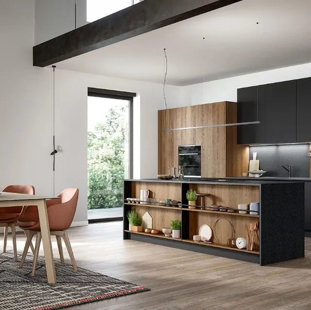Cucina Moderna con isola Trend Linea in finitura nero seta e rovere arizona di Forma la cucina